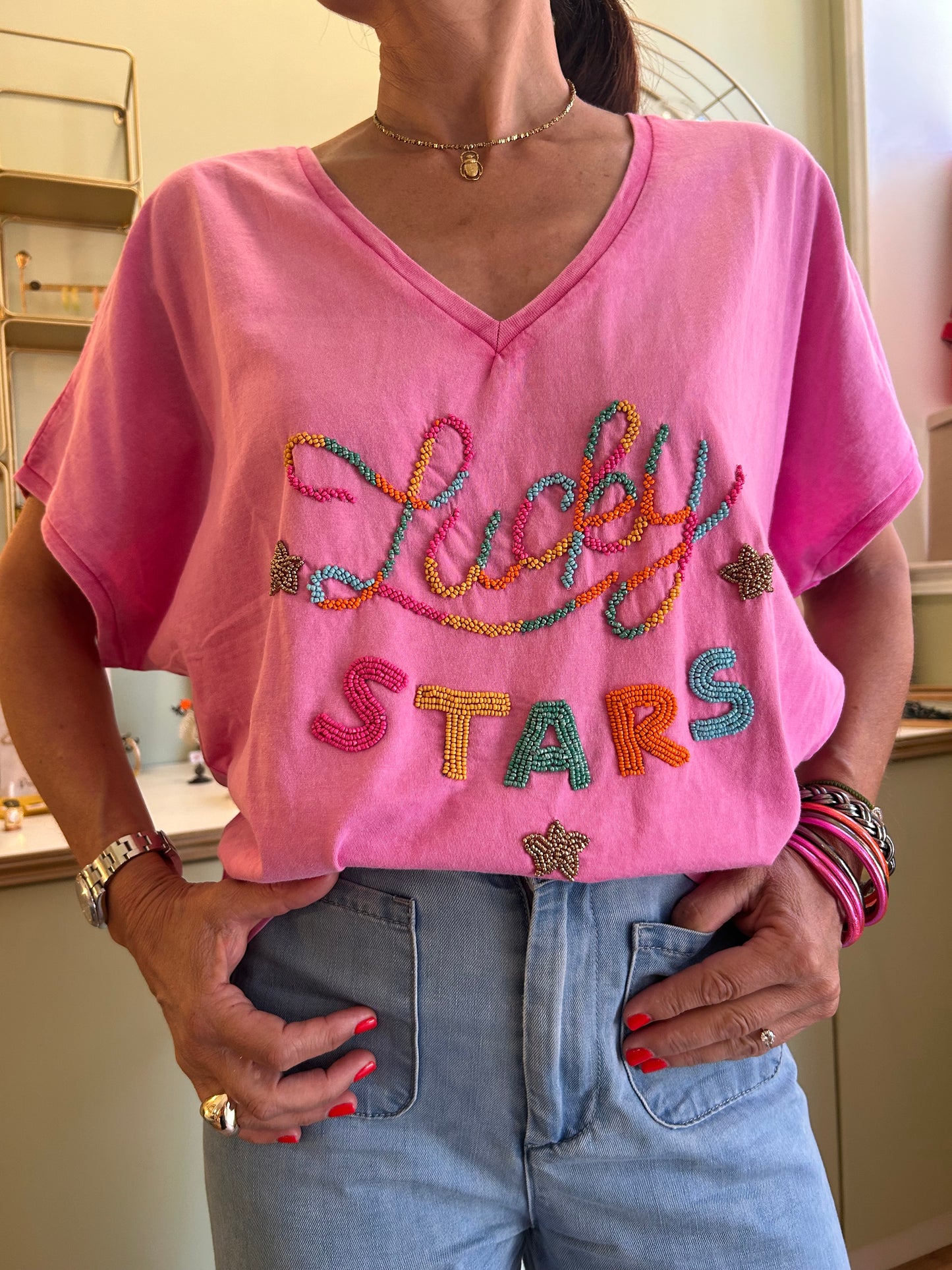 T-Shirt Perlé Lucky Stars - Rose