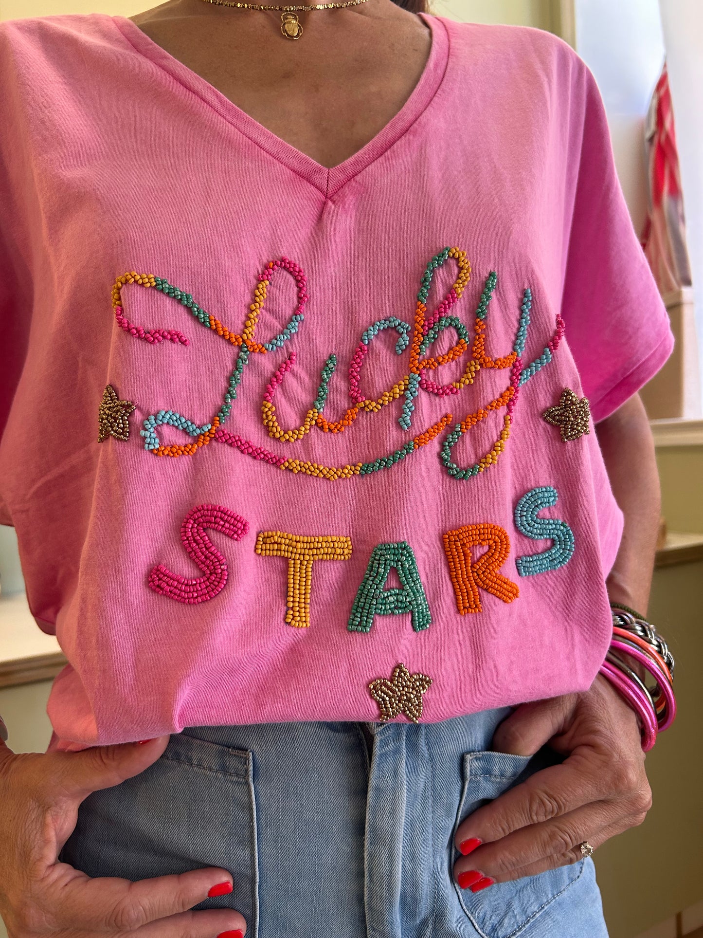 T-Shirt Perlé Lucky Stars - Rose